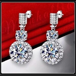 New 6CT Simulated Diamond Halo Silver Platinum Chandelier Earrings